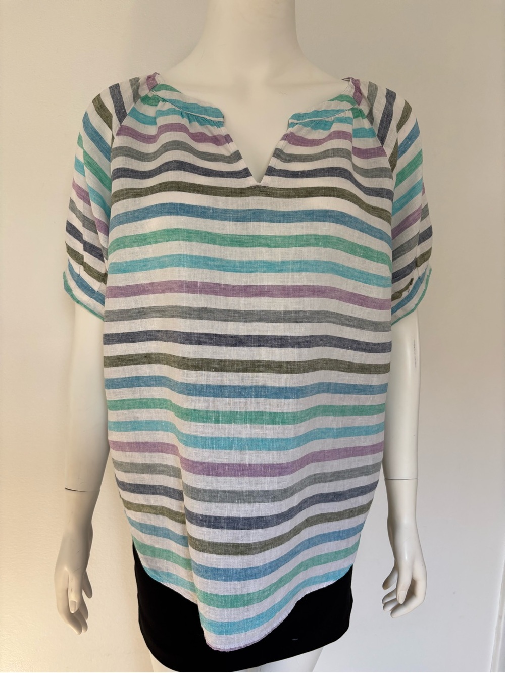 Talbots 100% linen  Striped Short-Sleeve Tunic in Aqua, Lilac & Gray